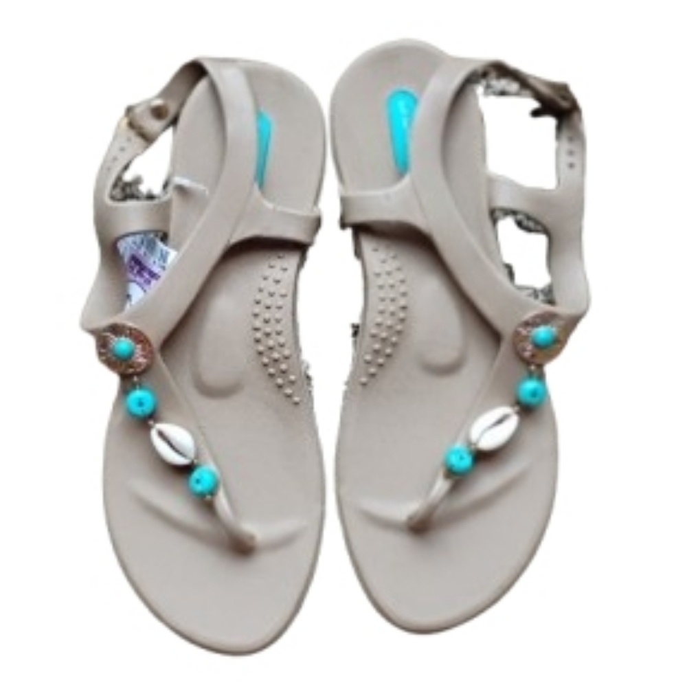 NEW Oka‑B for Soft Surroundings Shell & Bead T‑Strap Sandal Size 8 Beige
